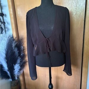 SHEIN Deep Brown Tie-Front Blouse